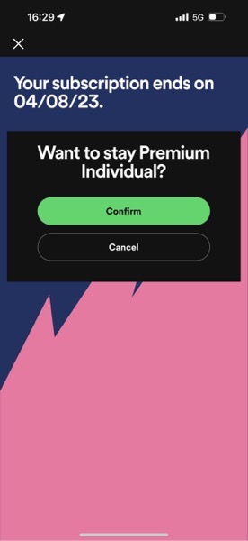 Spotify Subscription end reminder